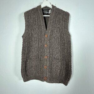 Vintage Norm Thompson Womens Wool Cable Knit Button Front Vest 38 Brown Pockets